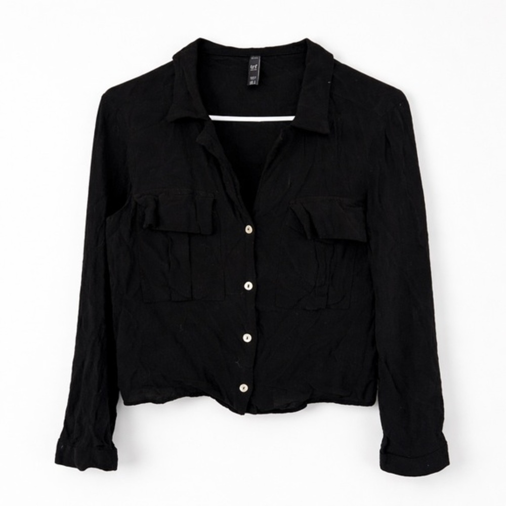Zara TRF Black Slouchy Button Down Blouse Ruffle Pocket Shirt Size Small
